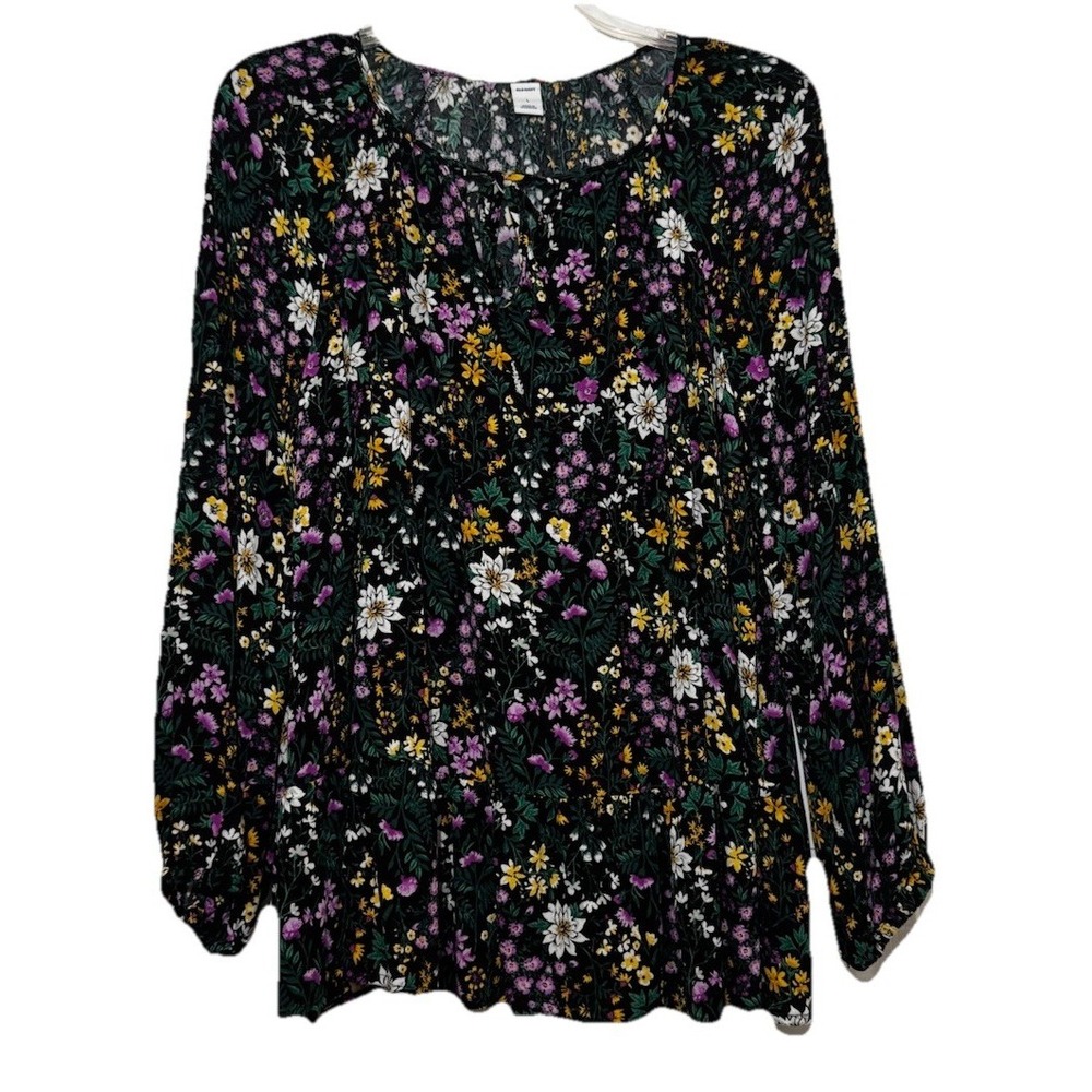 Old Navy Floral Boho Blouse Womens Large L Ditsy Black Purple Yellow Long Sleeve